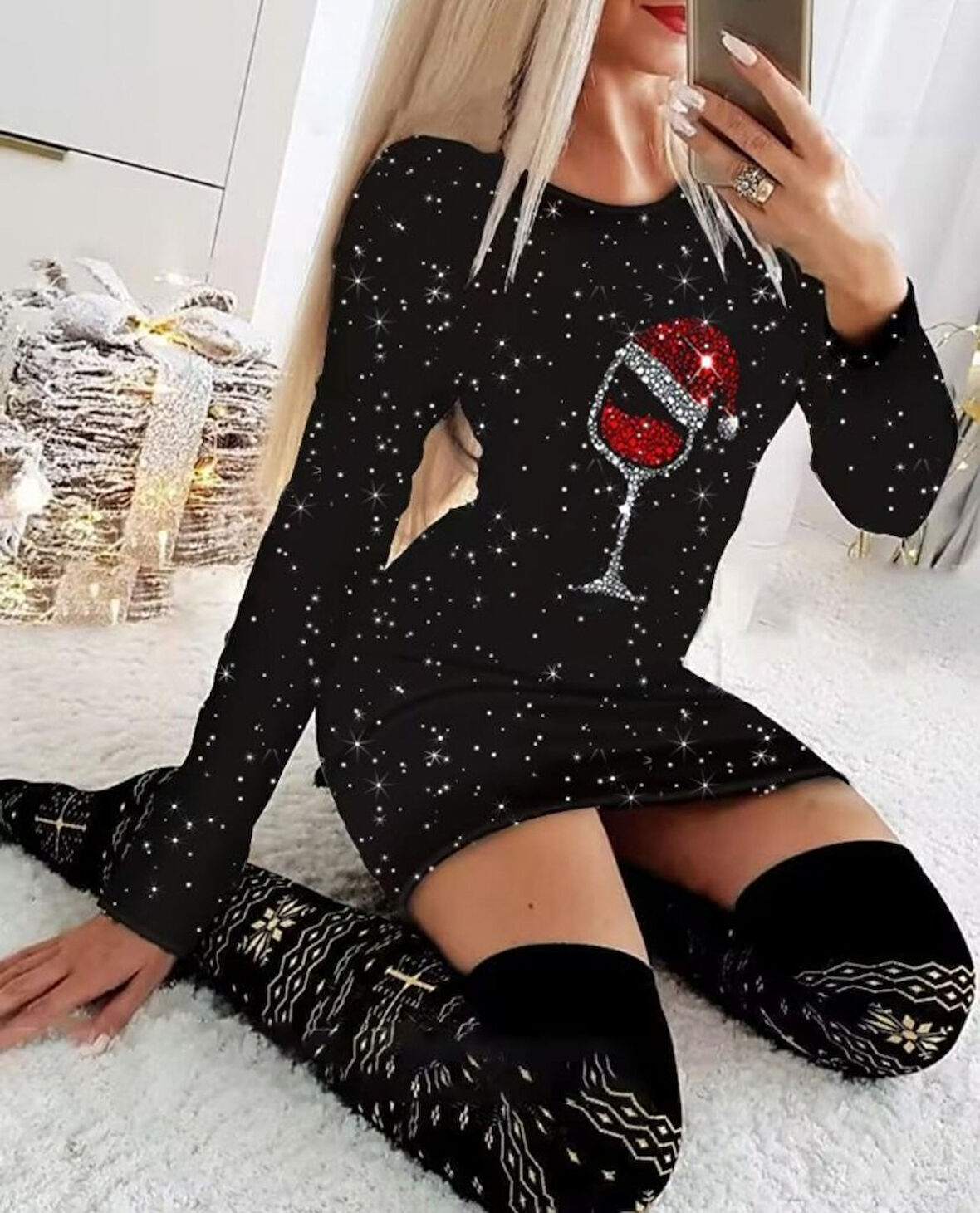 civetta Kadın Uzun Kollu Taş Kadeh Baskı Mikro Mini Boy Elbise