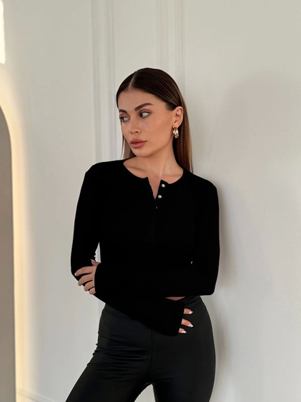civetta Cıt Cıt Detaylı Uzun Kollu Crop - Siyah