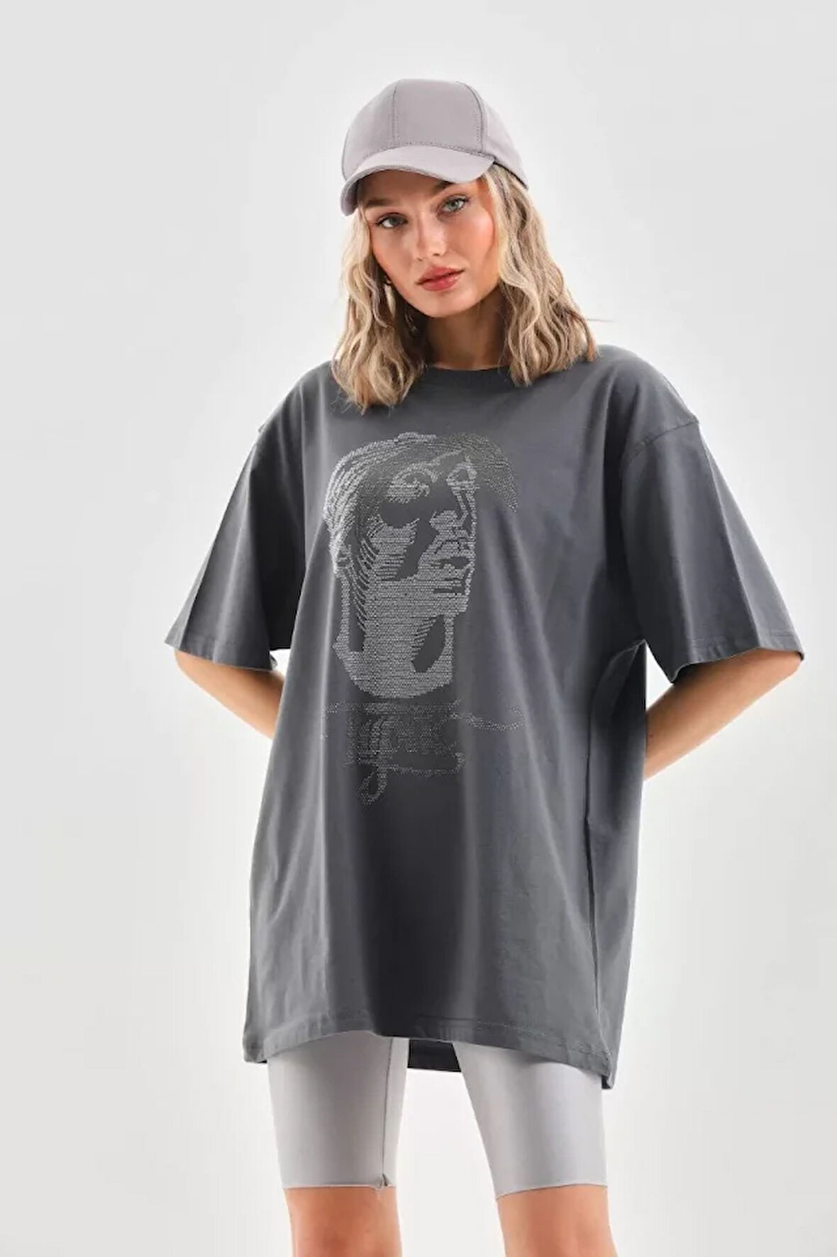 civetta Unisex Taş Desenli Oversize T-Shirt - Füme