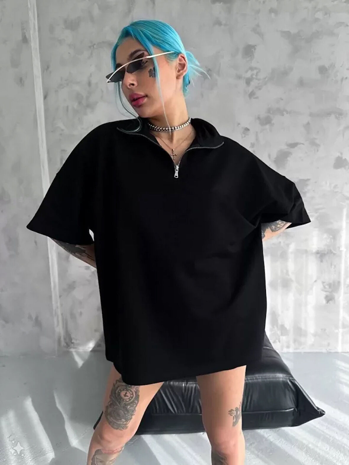 civetta Unisex Yarım Fermuarlı Basic T-Shirt - Siyah