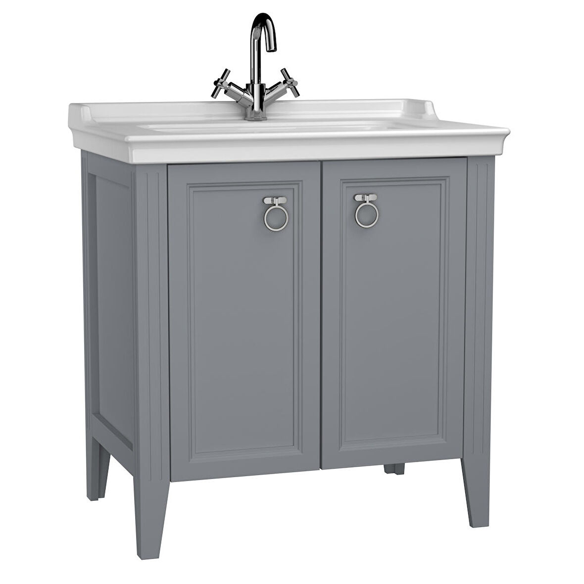 VitrA Valarte 62154 Lavabo Dolabı, Kapaklı, Etajerli Lavabolu, Krom Kulplu, 80 cm, Mat Gri