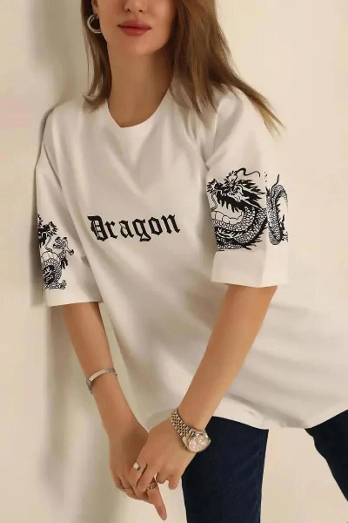 Beyaz Dragon Baskılı Oversize Tişört