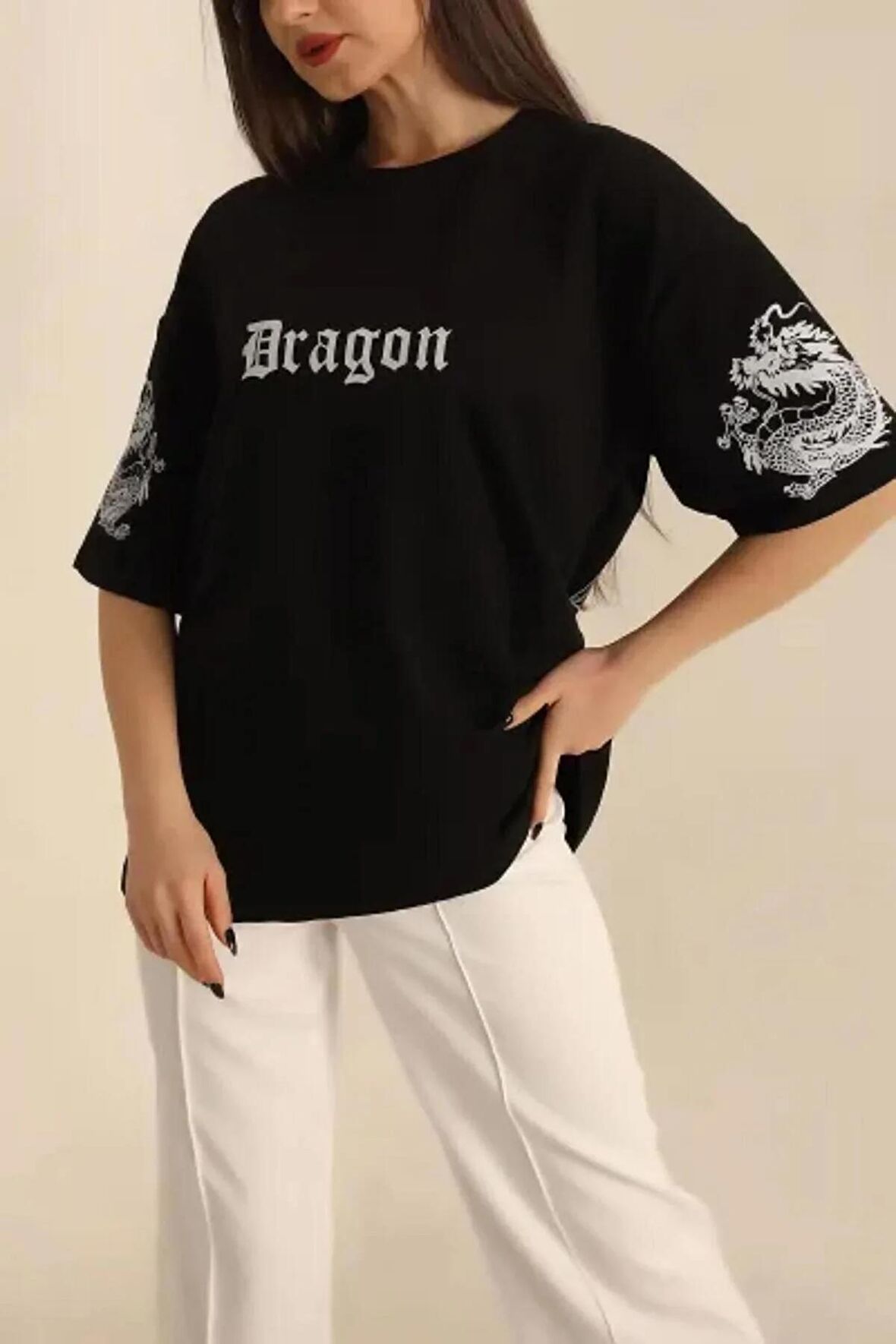 Siyah Dragon Baskılı Oversize Tişört