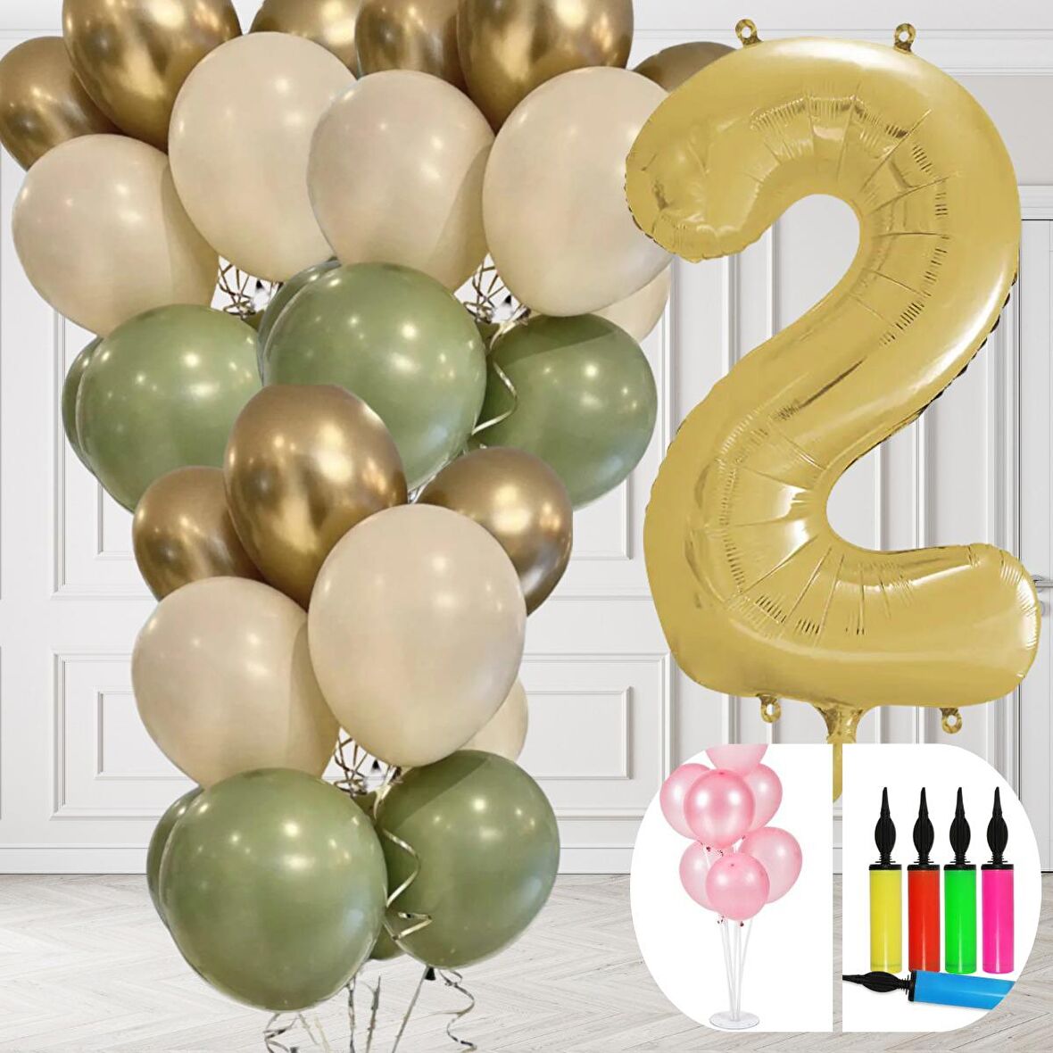 2 Yaş Balon Standlı Ve Pompalı Retro Küf Yeşili Krom Gold Kum Beji Balon Seti Gold Rakam Süsleme