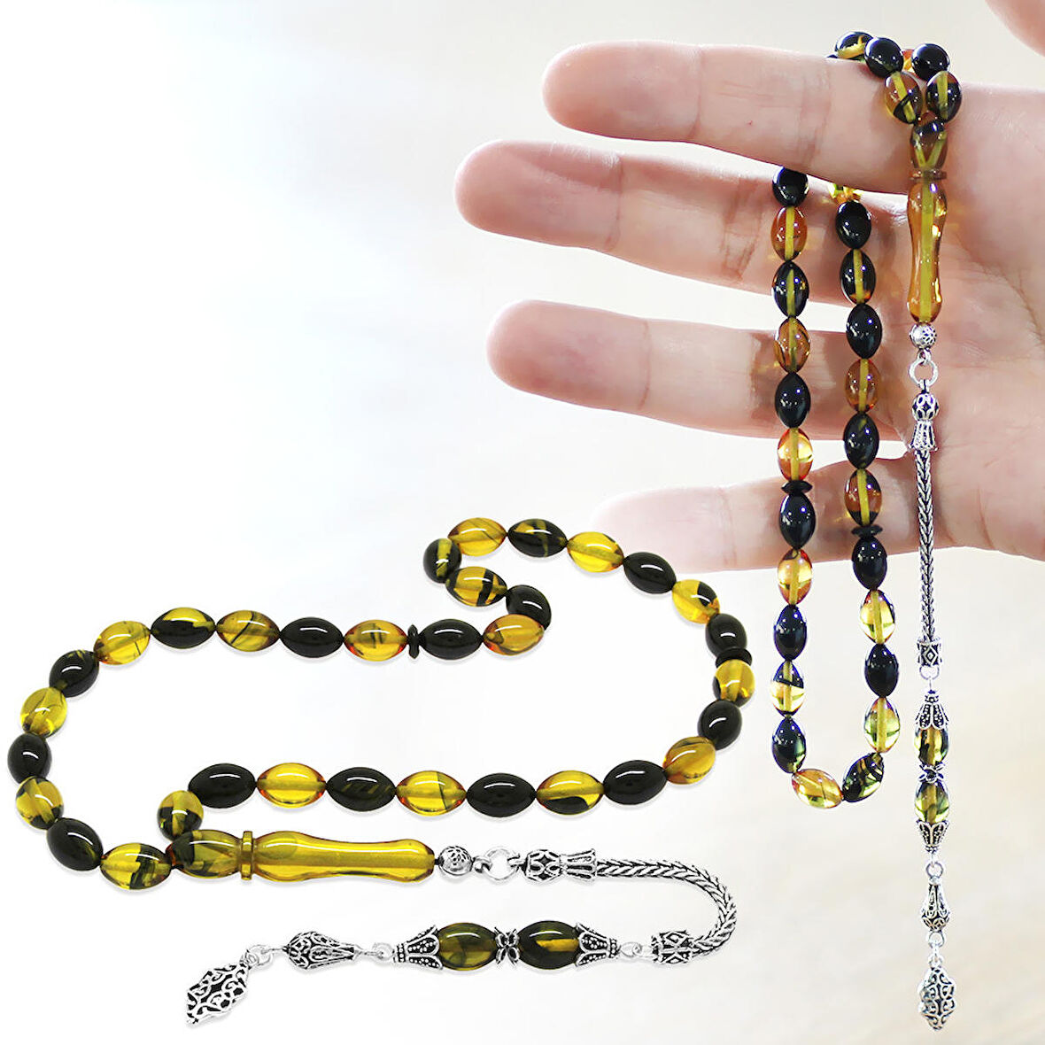 925 Ayar Gümüş Püsküllü Arpa Kesim Sarı-Siyah Ateş Kehribar Tesbih