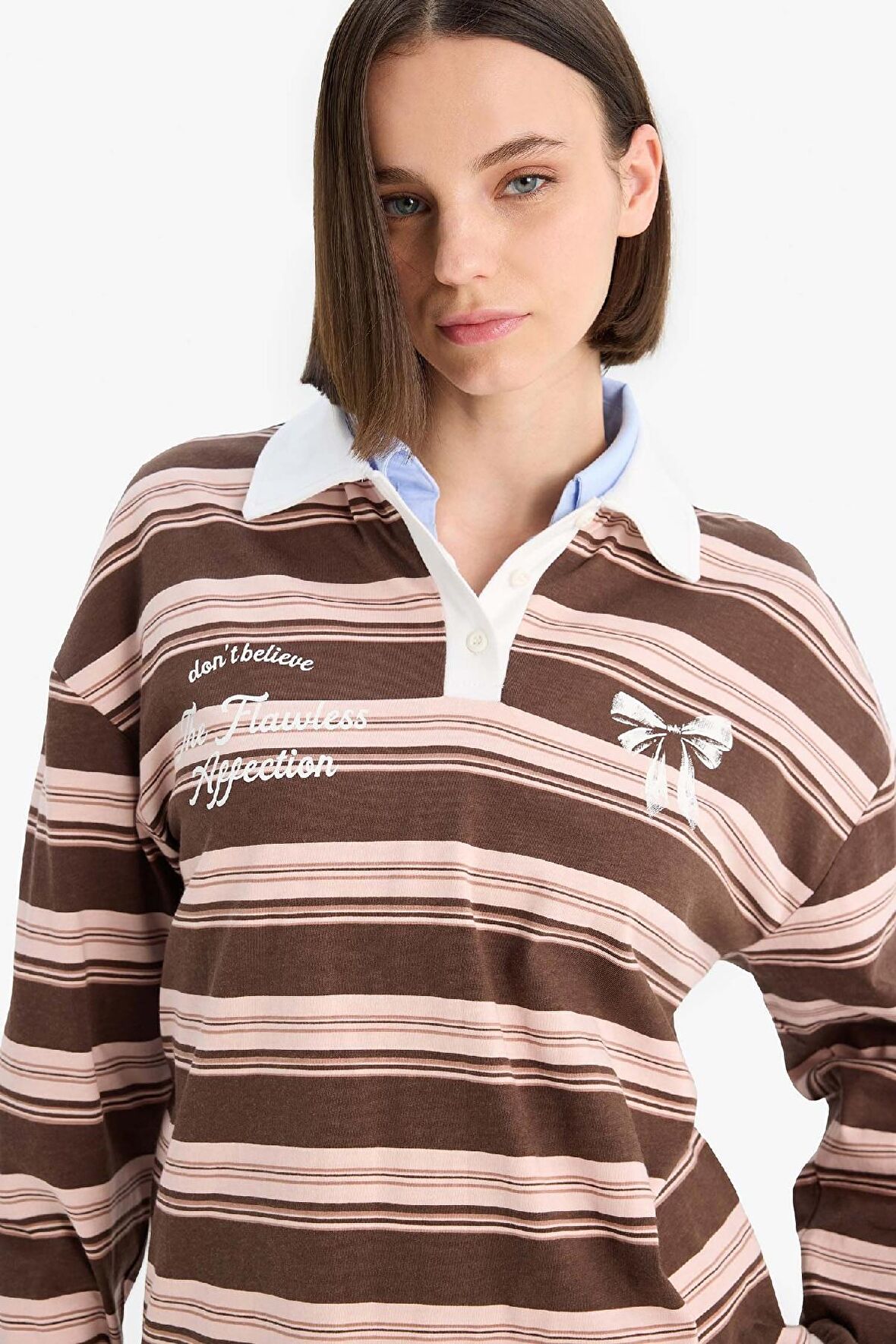 Coool Loose Fit Polo Yaka Çizgili Sweatshirt