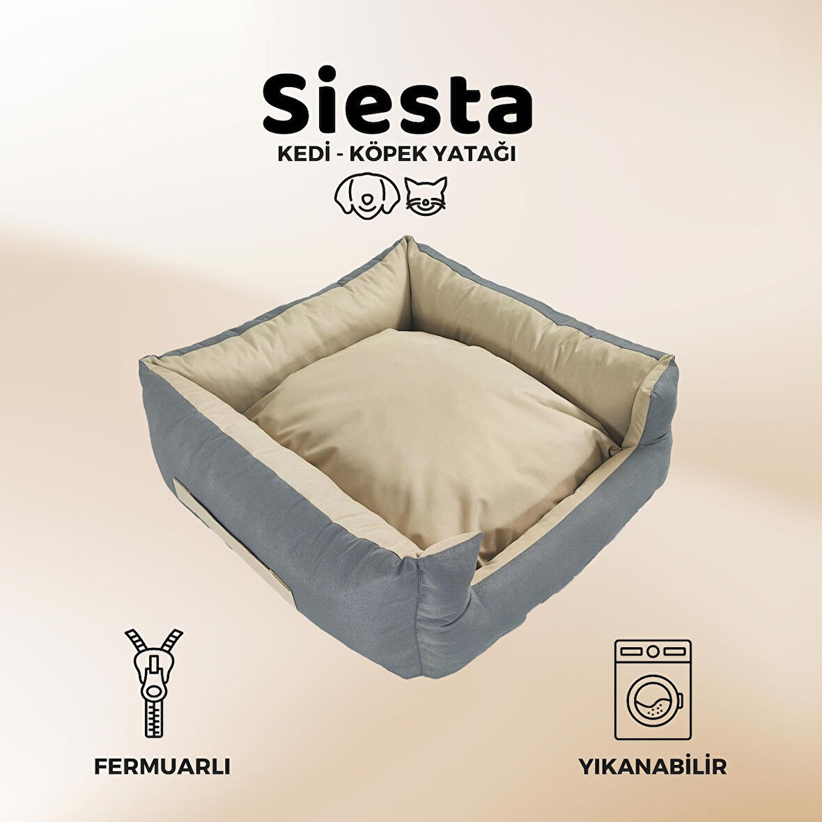 XPERMATE Siesta Kedi Yatağı Tüy Tutmaz Kumaş, Köpek Yatağı Su İtici Kumaş Fermuarlı, 55x60x23 Antrasit Bej