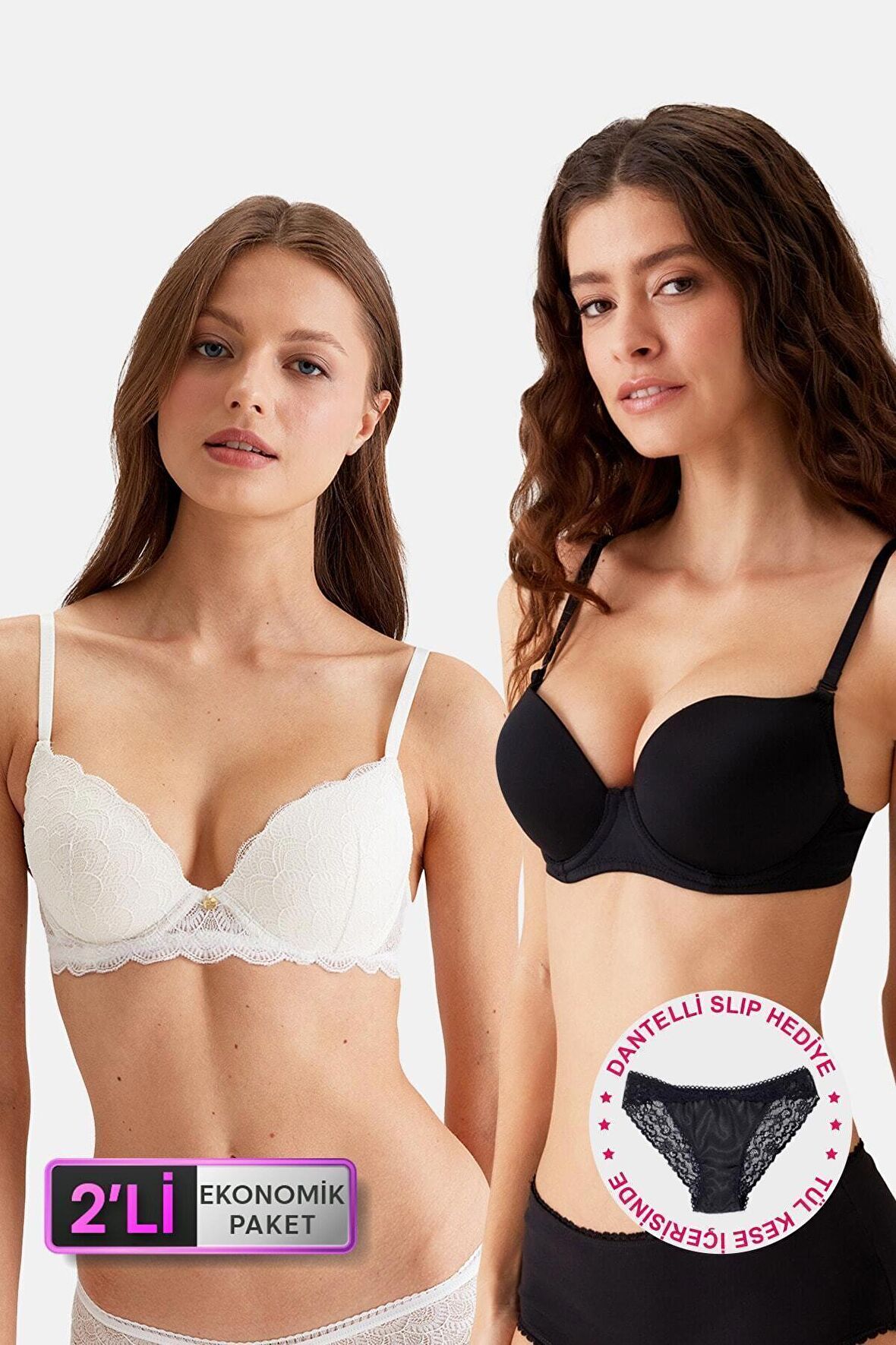 2'li Ekonomik Paket Siyah-beyaz 6329-3 Lyon Balenli Double Push Up Micro Sütyen Set (slip Hediyeli)
