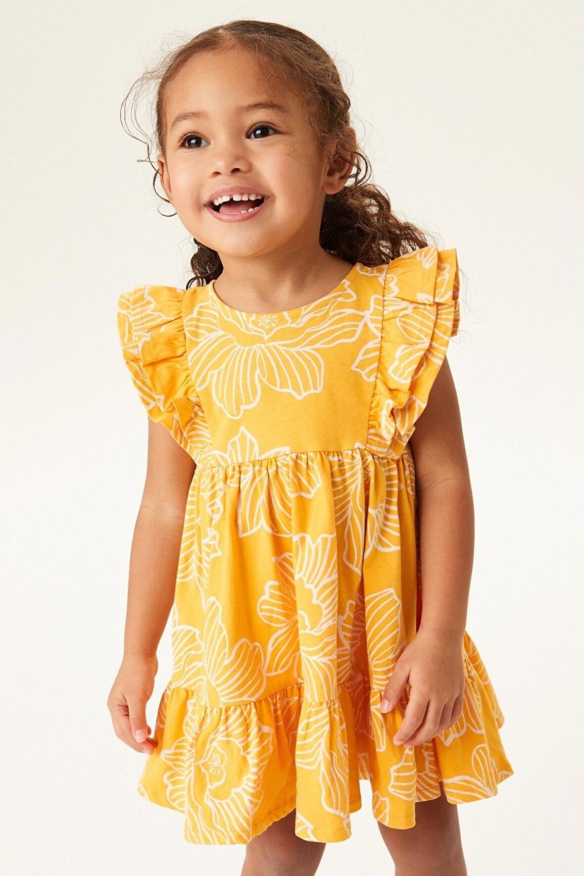 % 100 Pamuklu Orange Floral Elbise