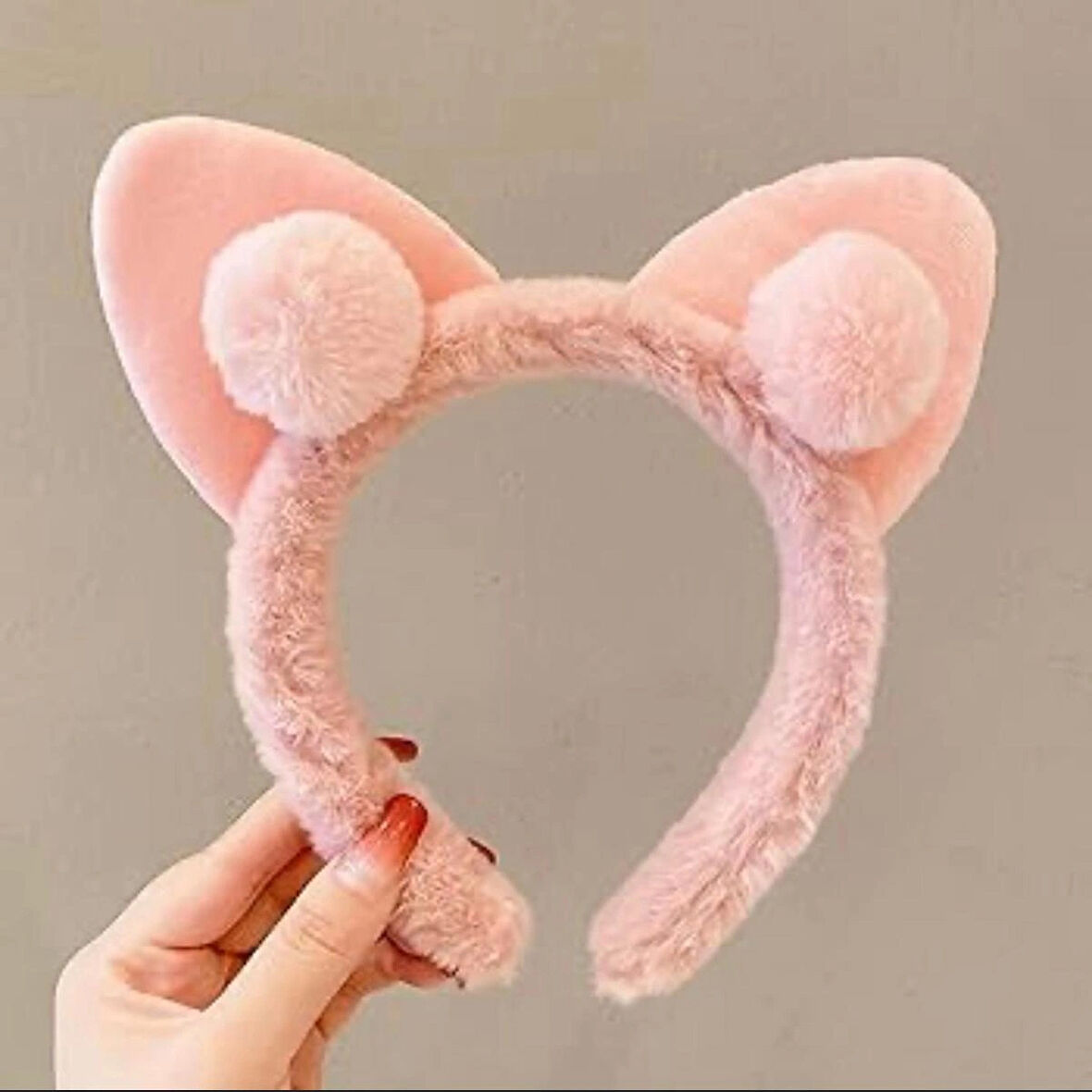 Peluş Ponpon Figürlü Kedi Kulağı Çocuk Taç Pembe