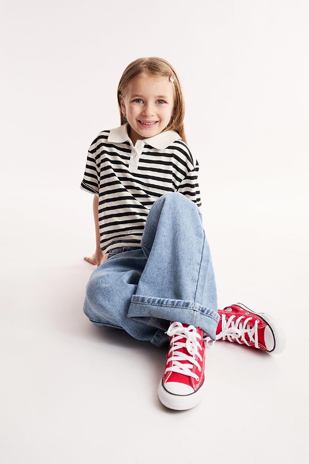 DeFacto Kız Çocuk Relax Fit Polo Yaka Çizgili Kısa Kollu Tişört E0064A825SMBK81