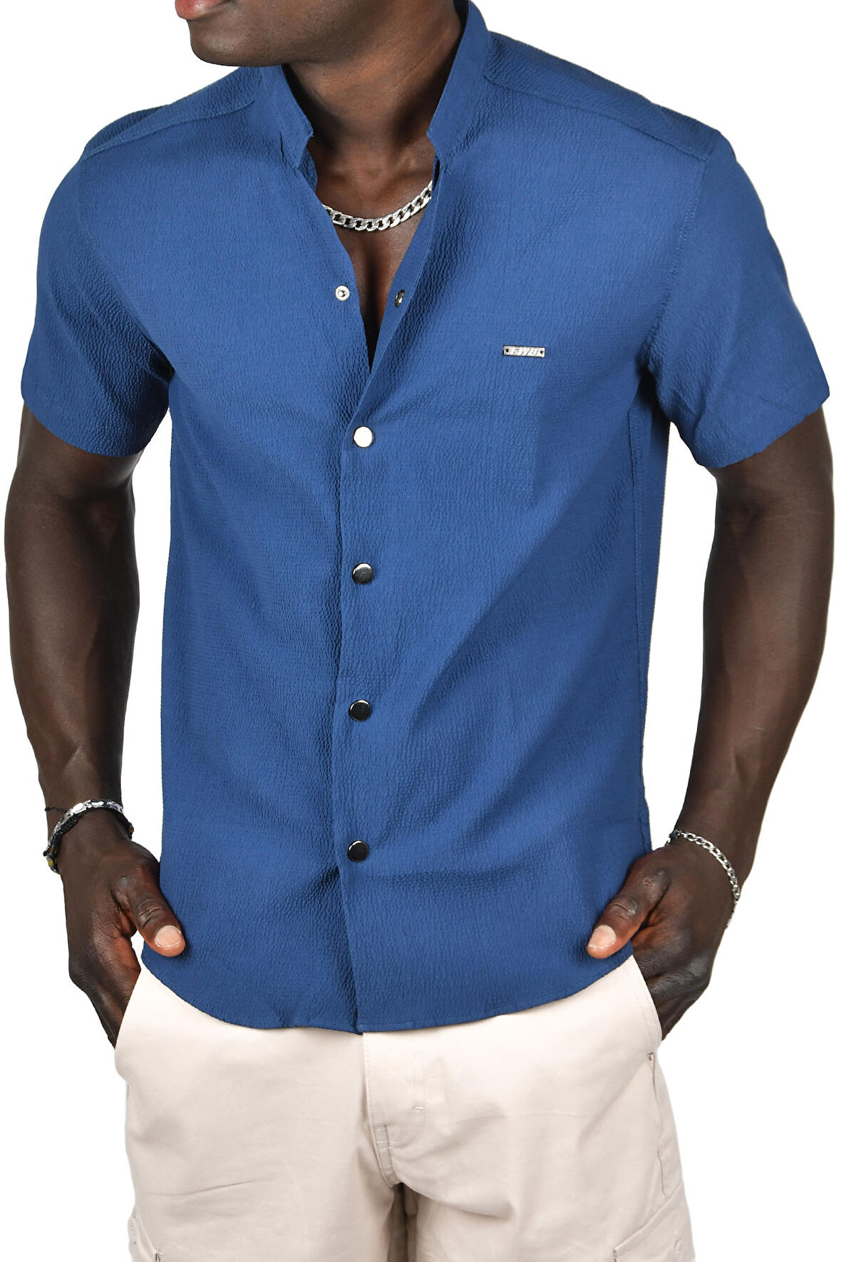 DeepSEA Erkek Lacivert Gofre Kumaş Hakim Yaka Slim Fit Likralı Çıtçıtlı Kısa Kollu Gömlek 2403018