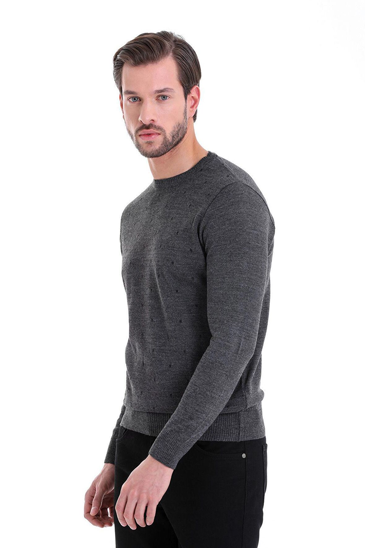 Gri Desenli Bisiklet Yaka Yünlü Triko Kazak | M