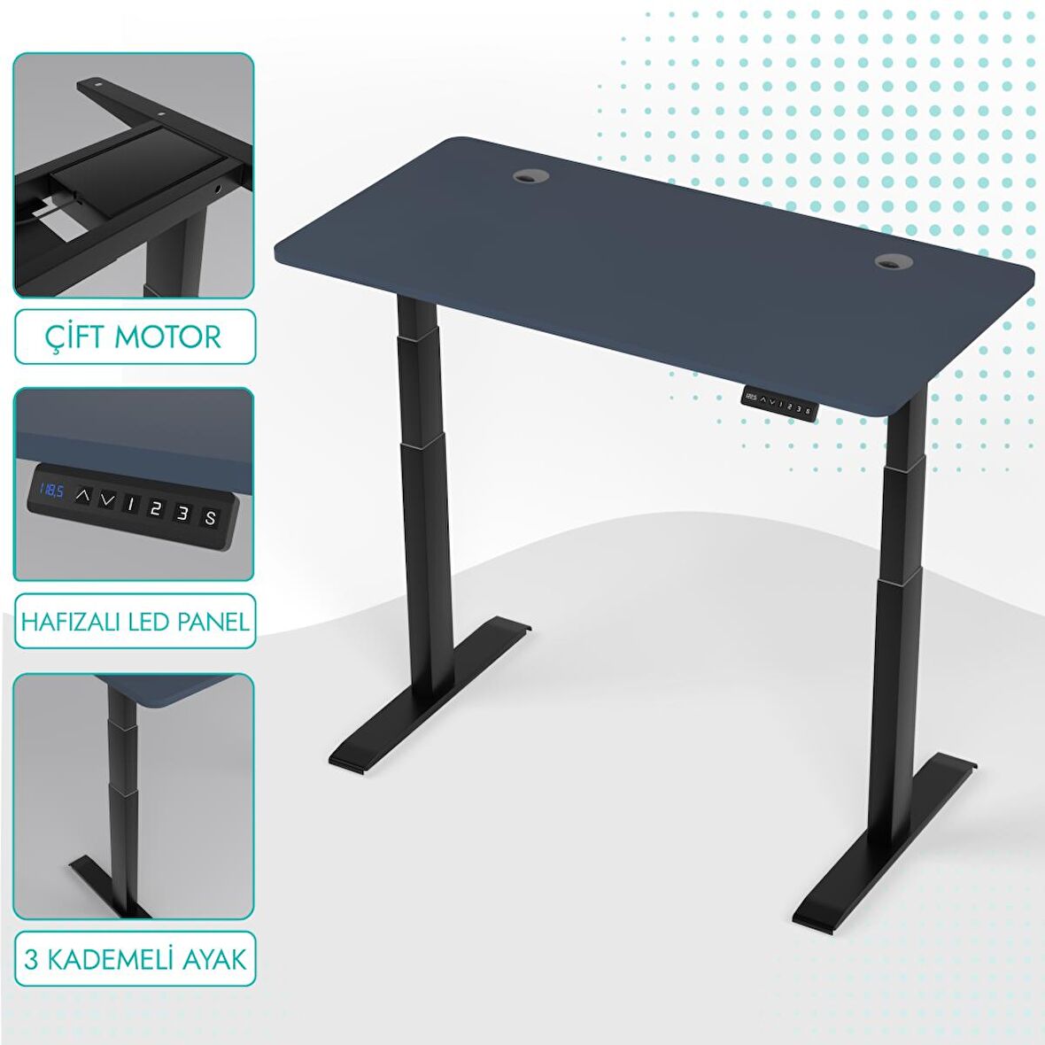 O-Flex Duo Çift Motorlu Elektrikli Yükseklik Ayarlı Masa - 180x80 - Pasifik Mavi