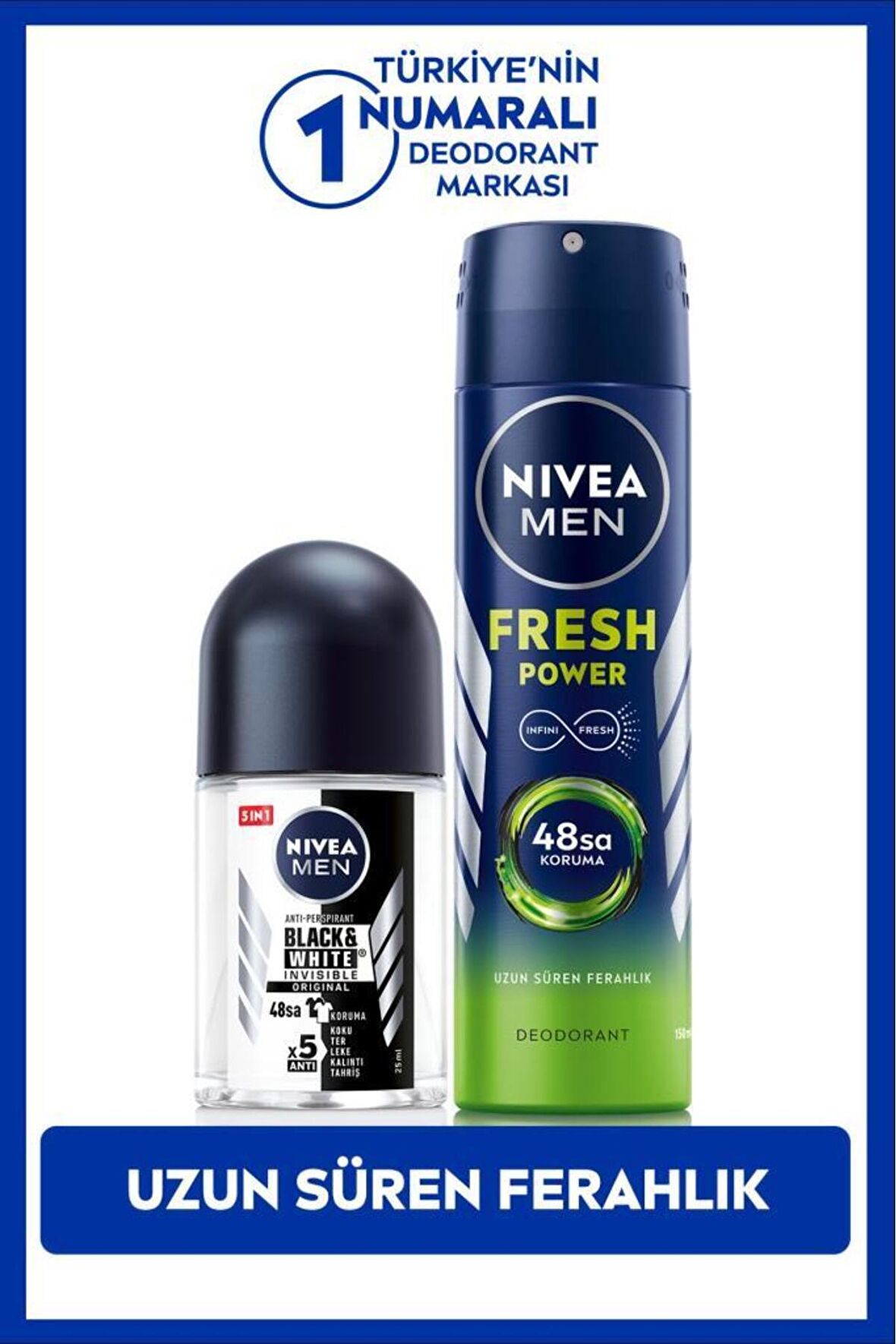 Nivea MEN Erkek Sprey Deodorant Fresh Power 150ml ve Mini Roll-on Black&White Original 25ml, Ter Karşıtı