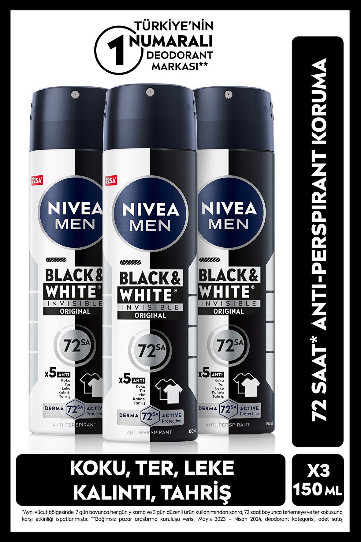 Nivea MEN Erkek Sprey Deodorant Black&White Invisible Original 150ml, 72 Saat Anti-perspirant, X3 Adet