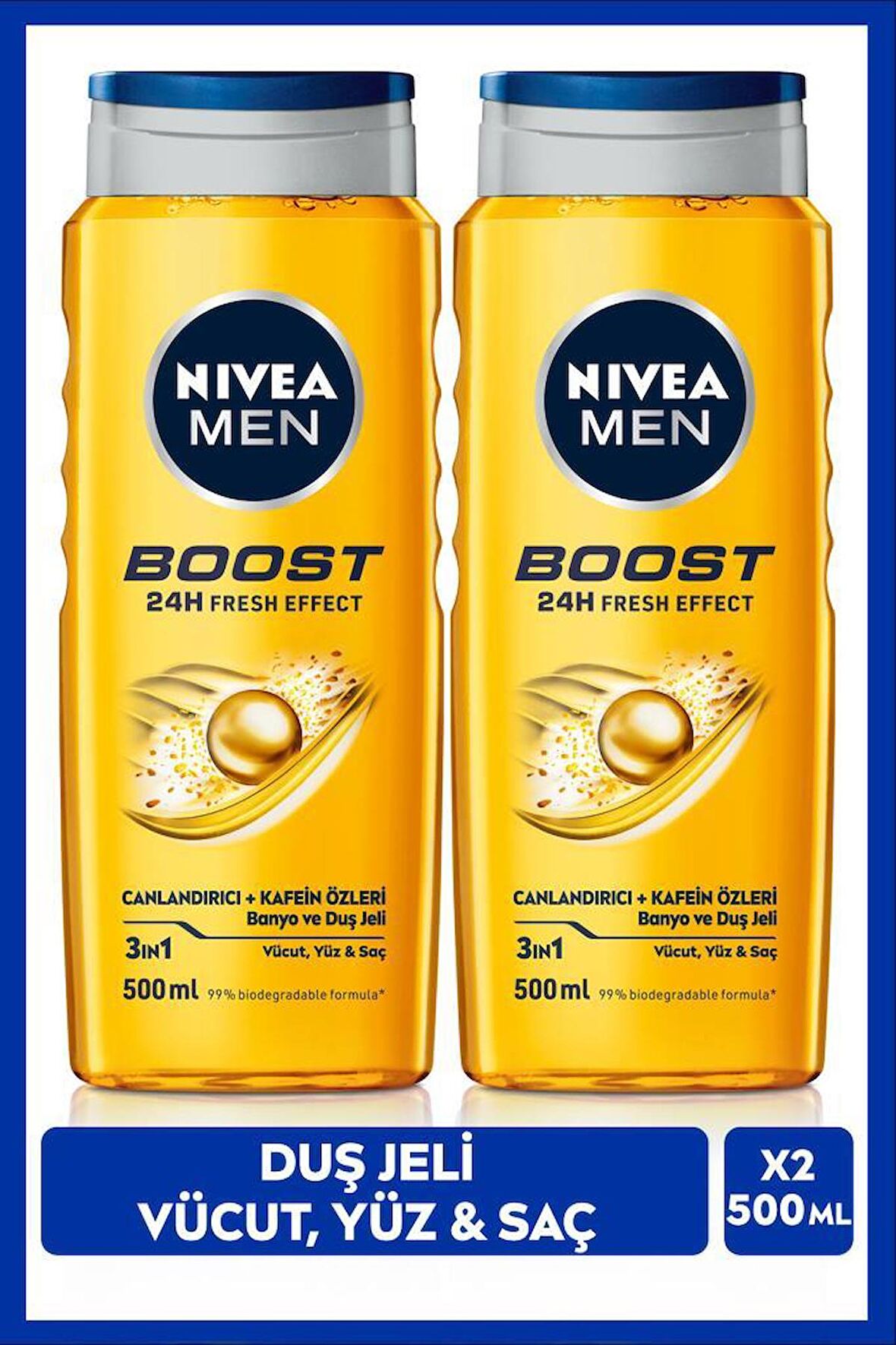 NIVEA MEN Erkek Duş Jeli Boost 500ml, Vücut Yüz Saç, Nane Özleri, Kafein ile Canlandırıcı Bakım, X2 Adet