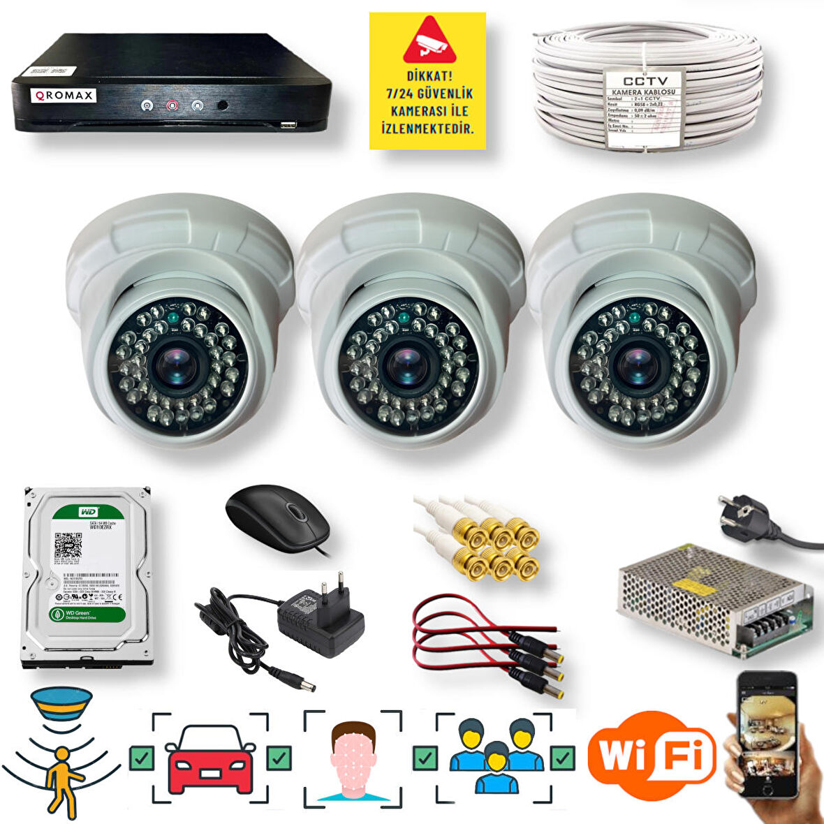 3 Kameralı Set - Araç İnsan Yüz Hareket Algılayan Gece Görüşlü 36 IR Led 5MP Sony Lensli 1080P Dome Güvenlik Kamerası Seti D136b-1