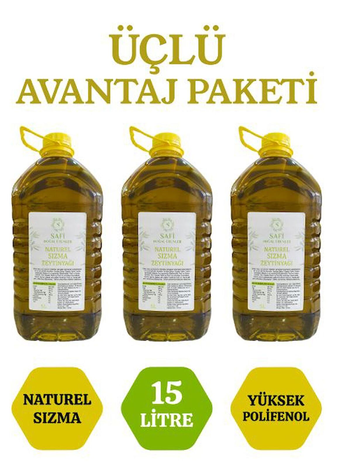 Naturel Sızma Soğuk Sıkım Zeytinyağı 15 Litre Üçlü Avantaj Paketi