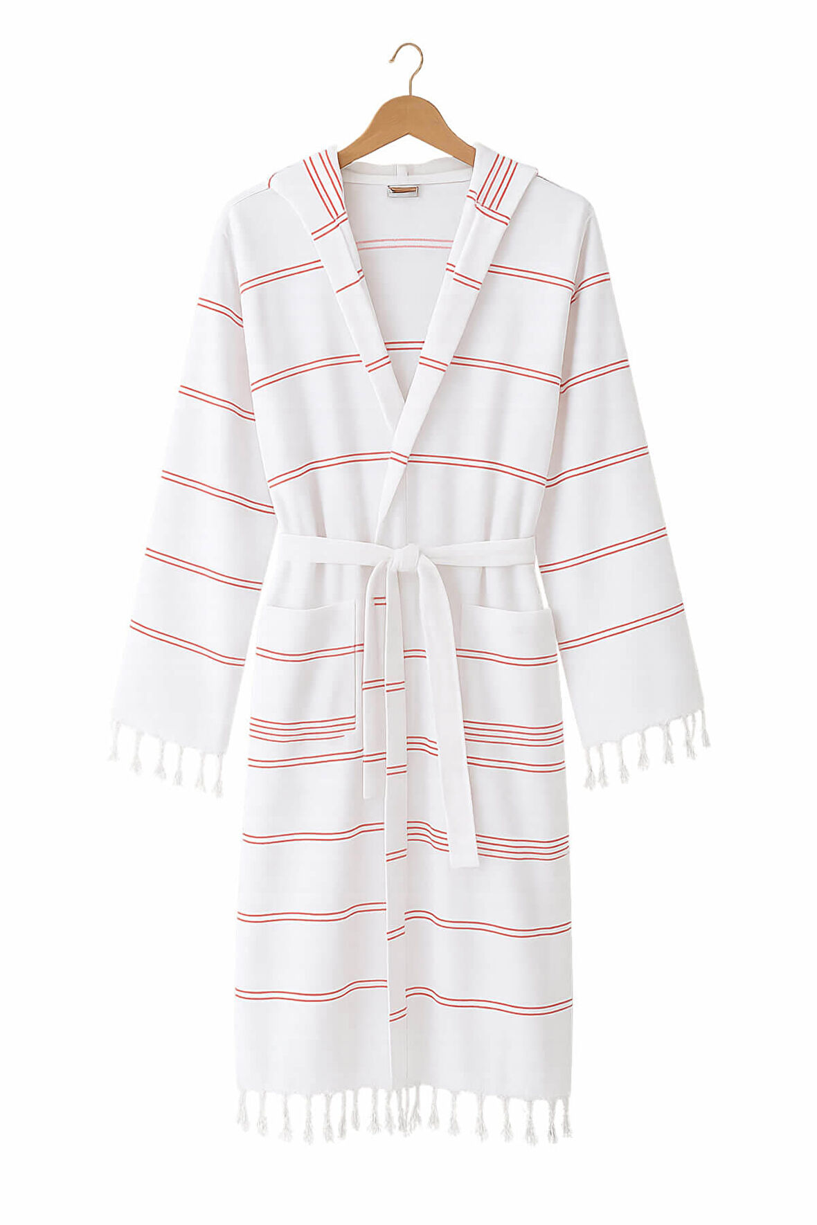 Kapşonlu Unisex Beyaz Çizgili Banyo Deniz Plaj Peştemal Bornozu %100 Pamuklu