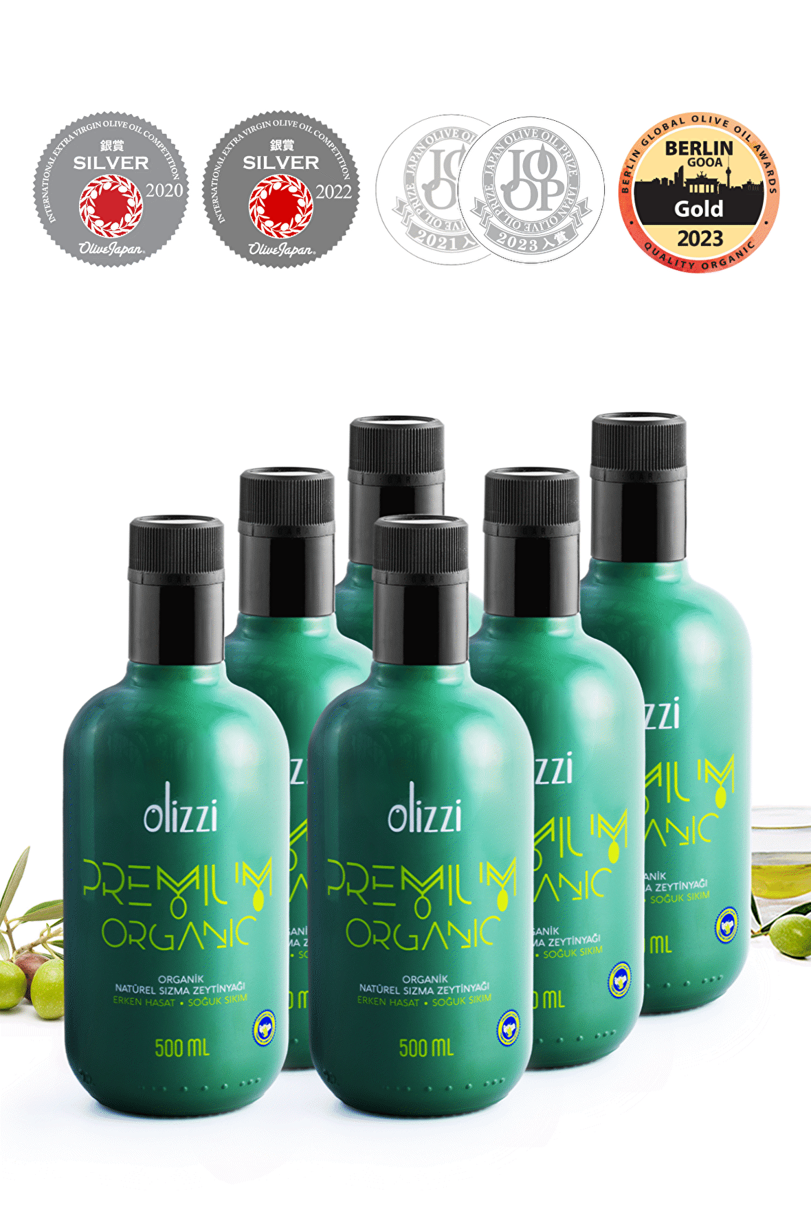 Olizzi Premium Organik Zeytinyağı Ödüllü Natürel Sızma Erken Hasat Soğuk Sıkım Zeytinyağ 500 ML X 6 Adet