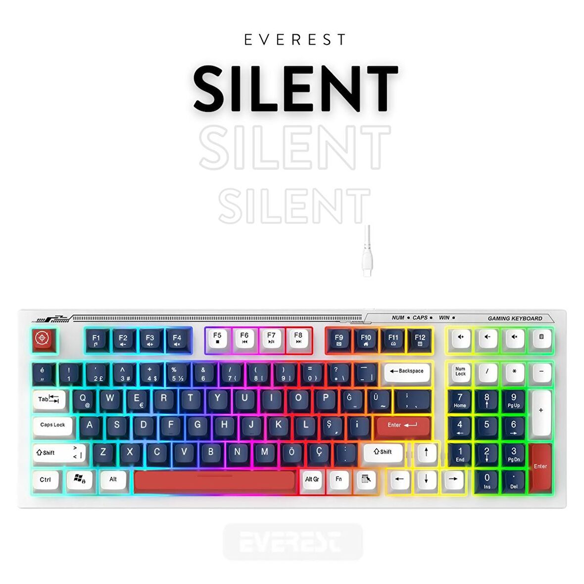 Everest KB-98 SILENT Mavi/Beyaz/Kırmızı SESSİZ Rainbow Q Membrane Oyuncu Klavyesi
