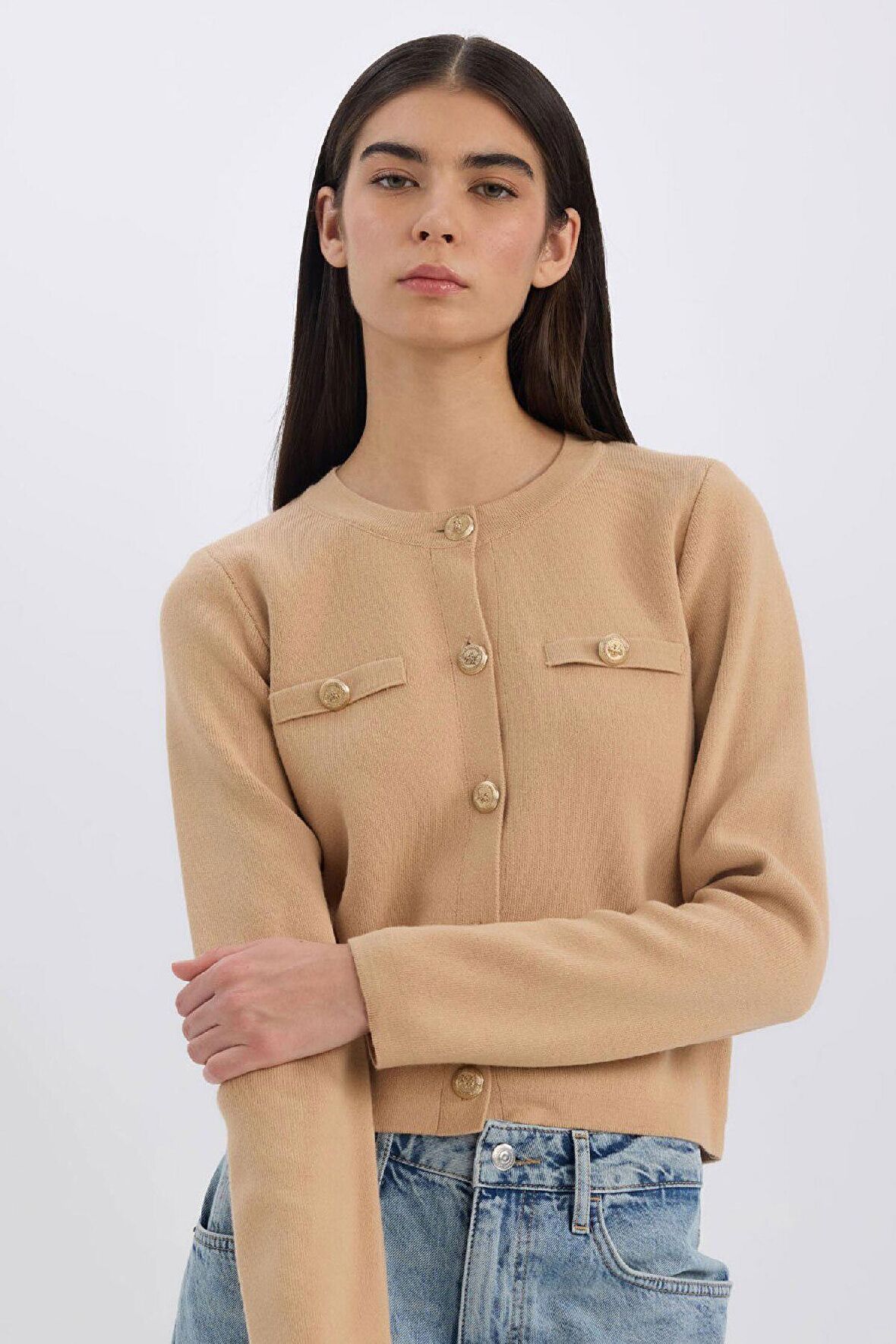 DeFacto Regular Fit Bisiklet Yaka Basic Düz Altın Metal Düğmeli Triko Hırka C1500AX24WNBG243