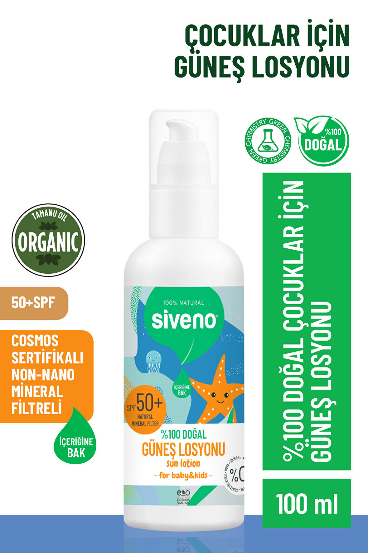 Siveno %100 Doğal Çocuk Güneş Losyonu Leke Karşıtı Antioksidan Nemlendirici Bitkisel Vegan UVA UVB SPF50