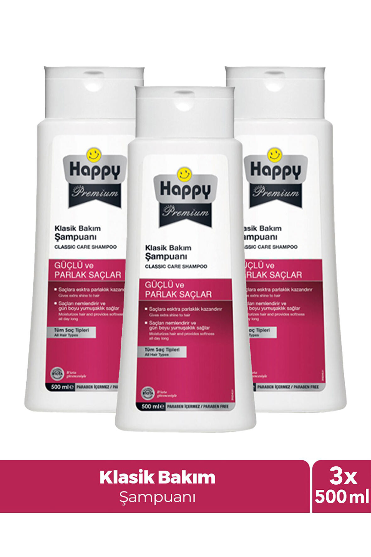 Happy Premium Güçlü Parlak Saçlar Klasik Bakım Şampuanı 500ml x 3 Adet