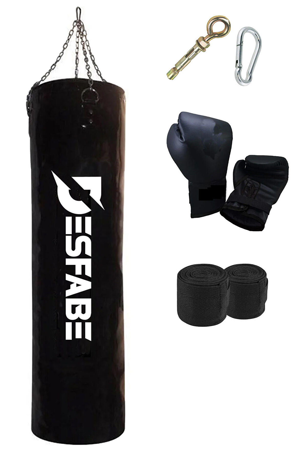 Desfabe Boxing Star 120x32 Cm Zincirli Boks Kum Torbası Siyah+Askı Aparatı+Boks Eldiveni+El Bandajı