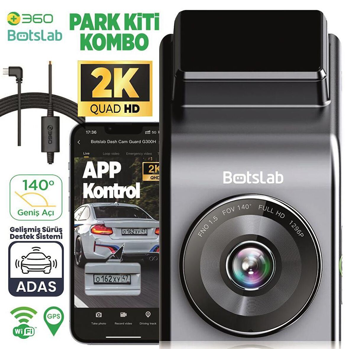 360+ Botslab G300H Pro 2K QHD ADAS Wifi + GPS 140° Geniş Açı Gece Görüşlü Akıllı Araç İçi Kamera + Park Modu Bağlantı Kablosu Combo