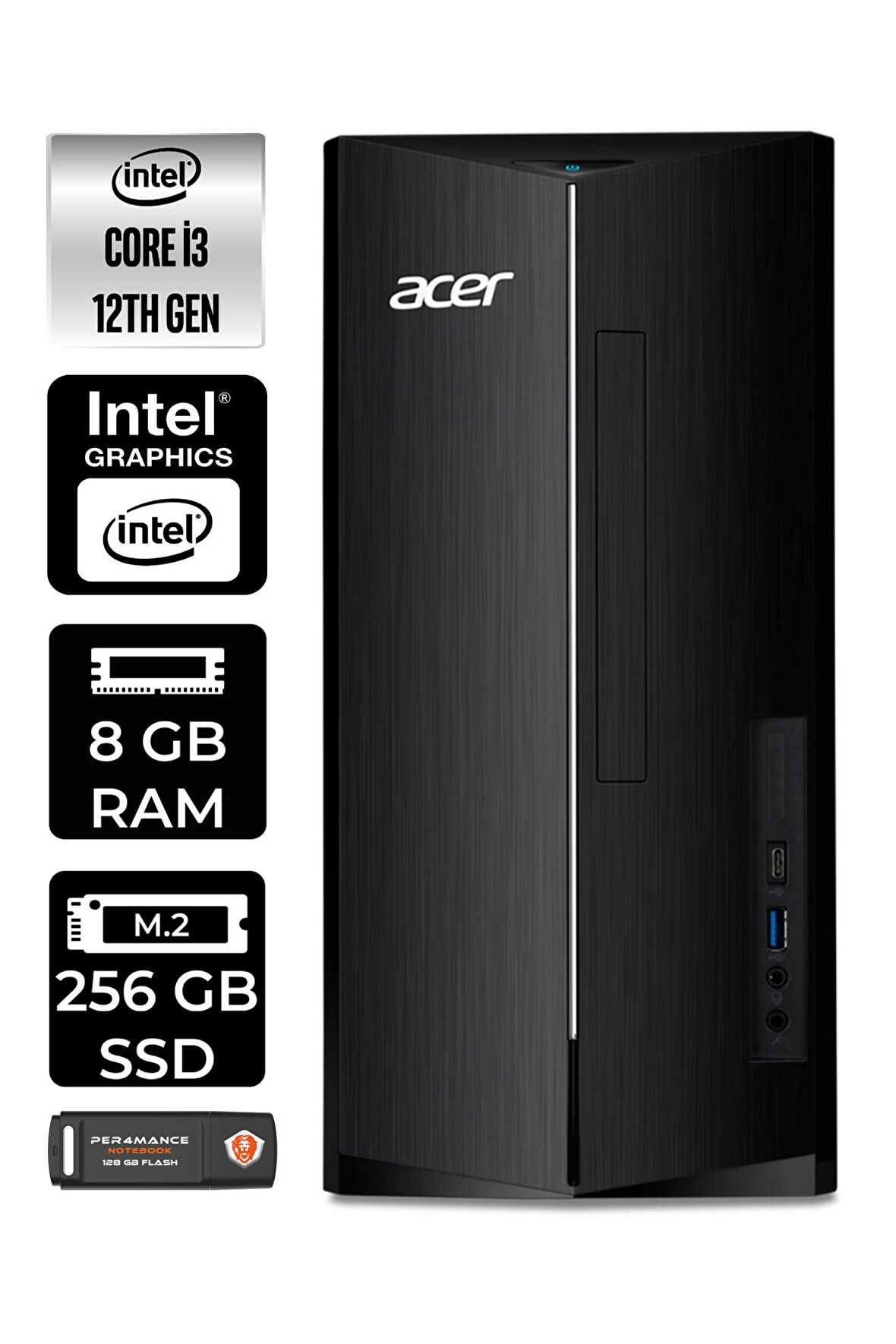 ACER ASPİRE TC1760 i3 12100 8GB RAM 256GB SSD W11PRO DT.BHUEM.004 MASAÜSTÜ PC & PER4 BELLEK