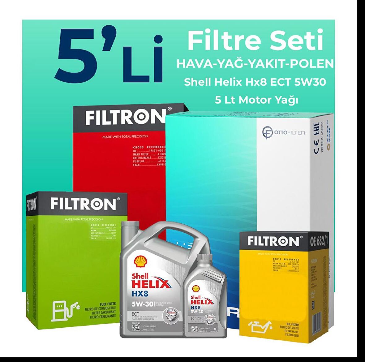 Filtron Audi A1 1.6 Dizel Filtre Bakım Seti Shell Motor Yağlı (2014-2018) 5 Li