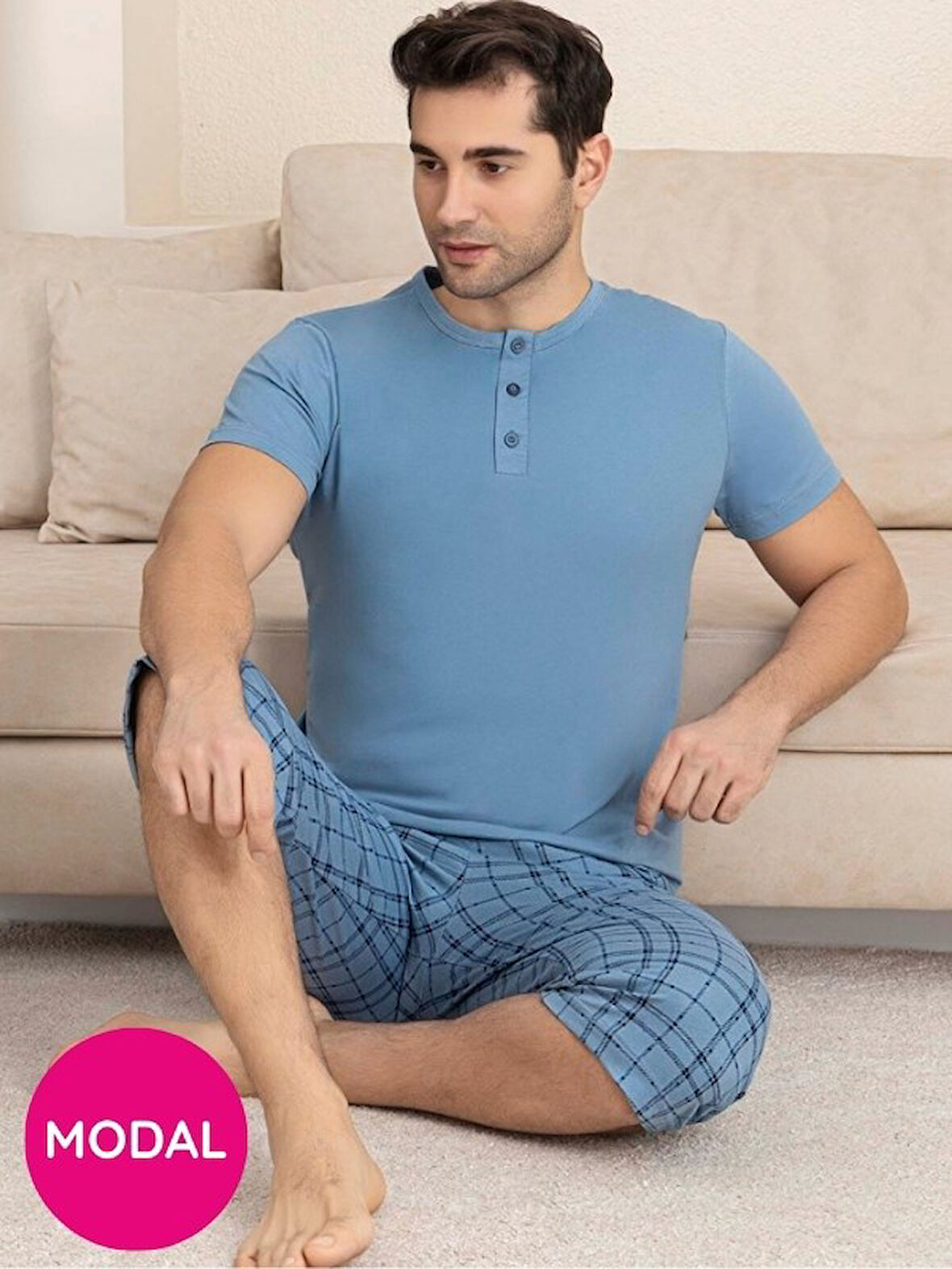 Erkek Bisiklet Yaka 3 Düğmeli Ekose Desen Modal Kısa Kol Cepli Kapri Pijama Takımı