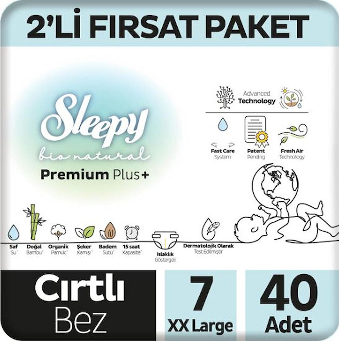 Sleepy Bio Natural 2'li Fırsat Paketi Bebek Bezi 7 Numara Xxlarge 40 Adet