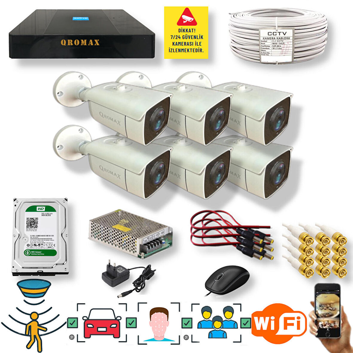 6 Kamerali Set - Araç İnsan Yüz Hareket Algılayan 24 Smd Led 5MP Sony Lensli 1080P Metal Kasa Güvenlik Kamerasi Seti 6224