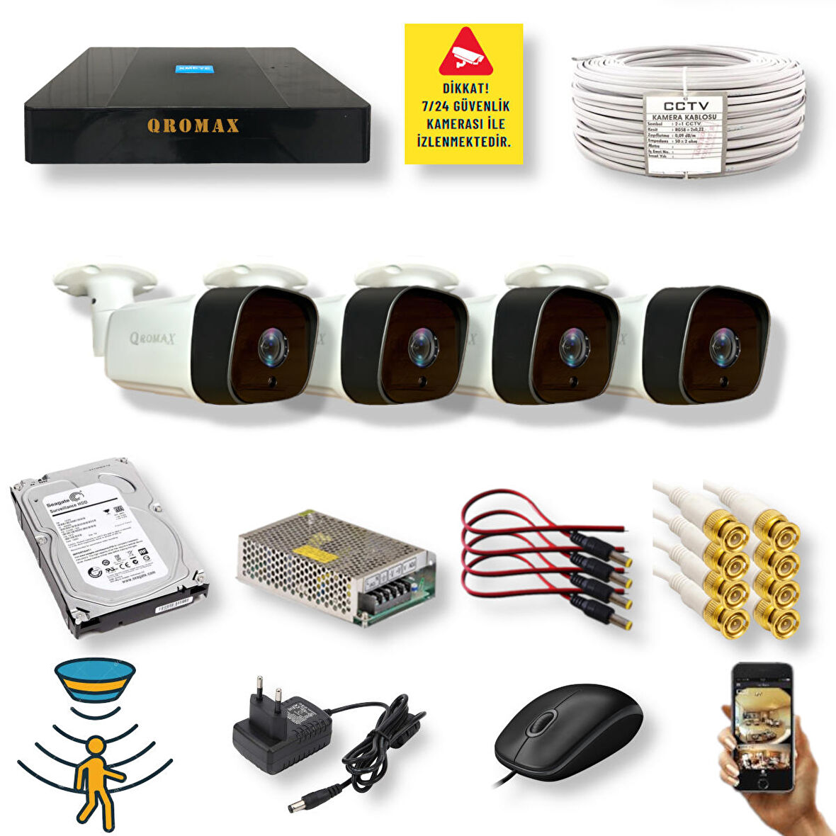 4 Kameralı Set - Hareket Algılayan Gece Görüşlü 36 IR Led 5MP Sony Lensli 1080P Full HD Metal Kasa Güvenlik Kamerası Seti 5236