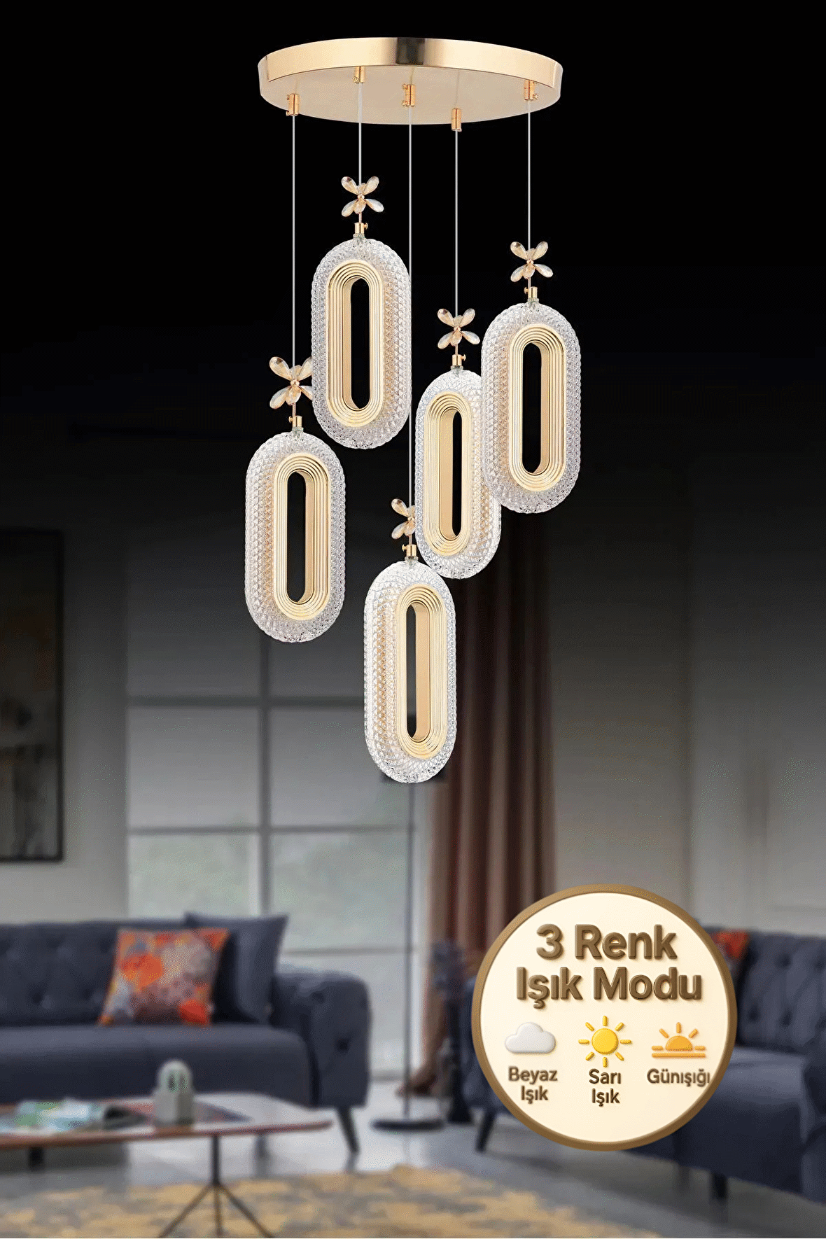 Litra Lighting Alfa Led 5'li Gold 3 Renk Ledli Kristal Taşlı Modern Led Avize