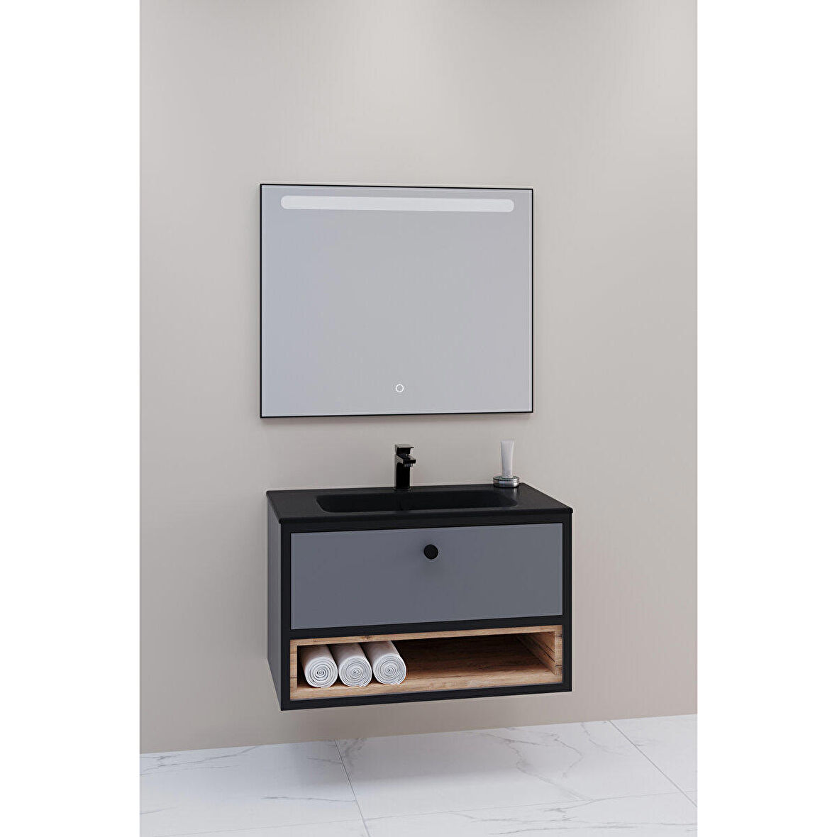 ESPERO 80 CM SİYAH LAVABOLU BANYO DOLABI - BOY DOLAP HARİÇ