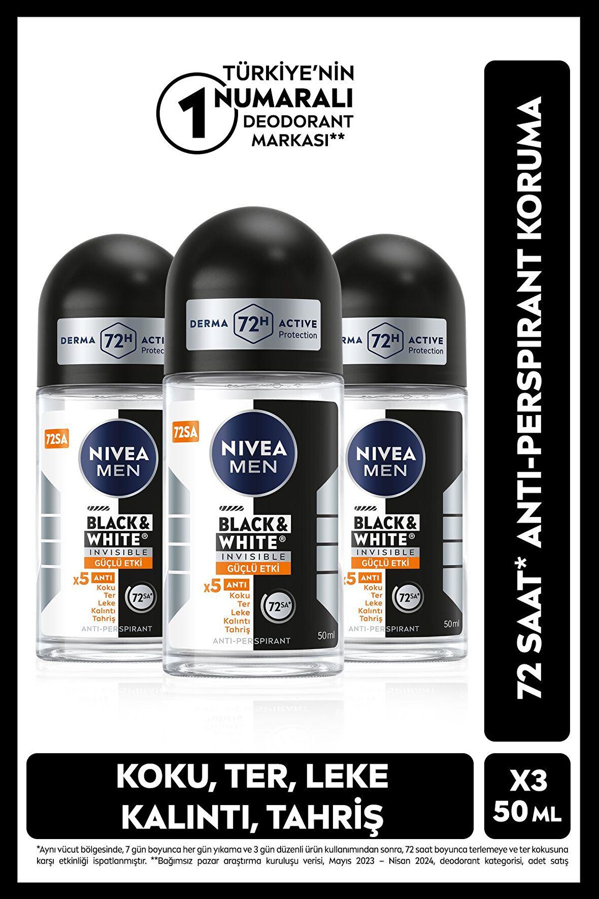 Nivea MEN Erkek Roll-on Deodorant Black&White Invisible Güçlü Etki 50ml, 72 Saat Anti-perspirant, X3 Adet