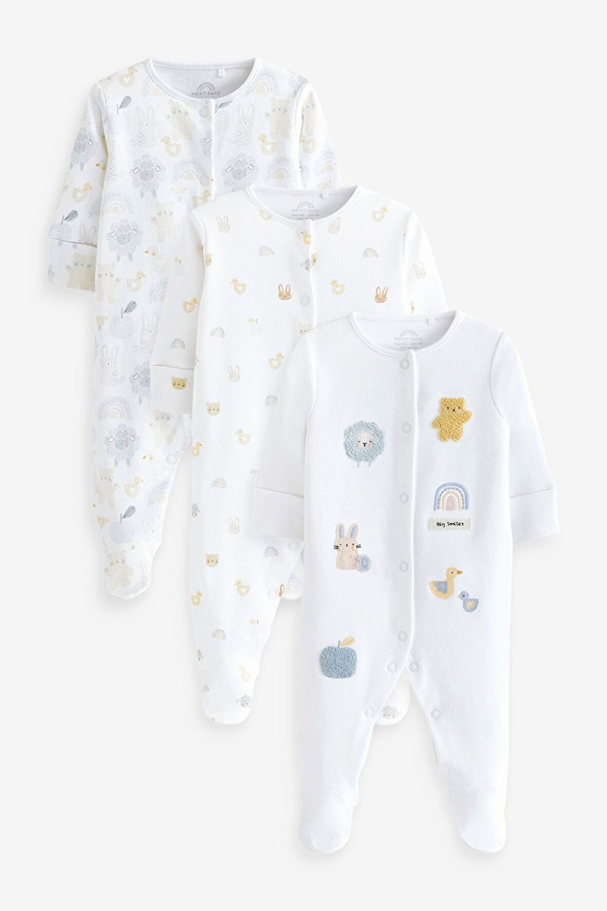 Next Baby % 100 Pamuklu Beyaz Hayvan Desenli 3’lü Tulum Set