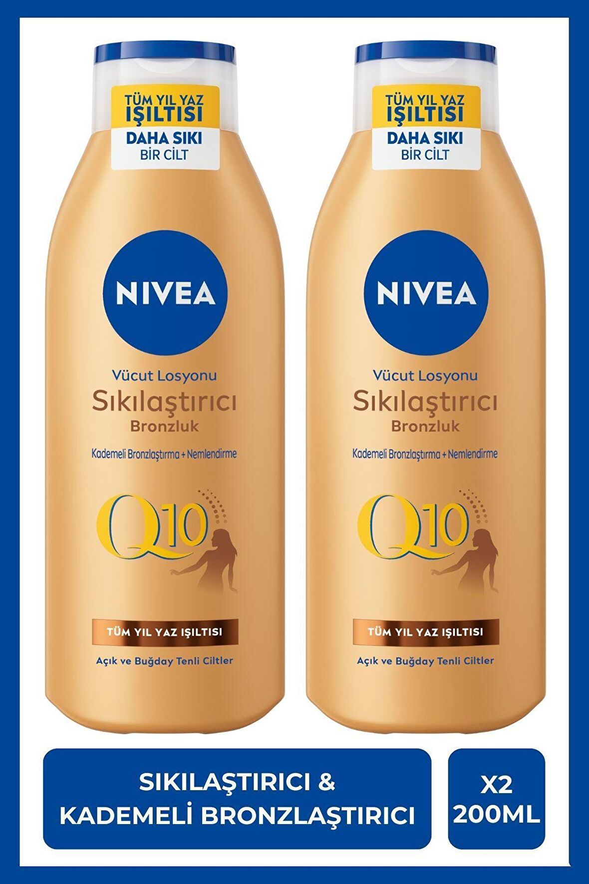 Nivea Q10 Sıkılaştırıcı Bronzlaştırıcı Vücut Bakım Losyonu 200ml, Kademeli Bronzluk, Nemlendirici, X2 Adet