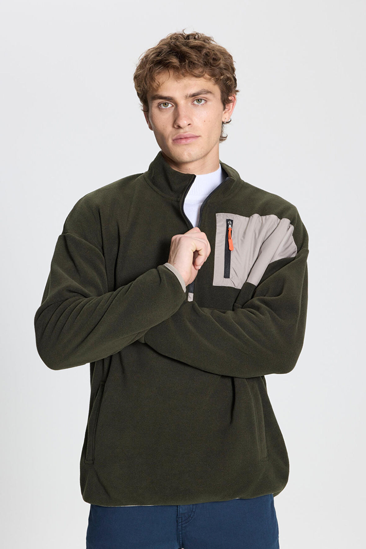 Erkek Haki Oversize Bol Kesim Bato Yaka Cep Detaylı Fermuarlı Soğuk Geçirmez Polar Sweatshirt
