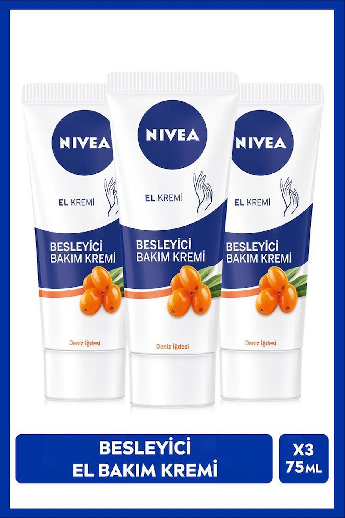 NIVEA Besleyici El Bakım Kremi Deniz İğdesi 75ml, Nemlendirici, Yağlı ve Yapışkan His Bırakmaz, X3 Adet