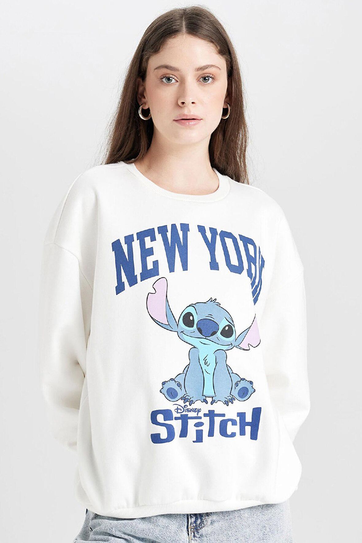 DeFacto Coool Disney Lilo & Stitch Oversize Geniş Kalıp Bisiklet Yaka Baskılı Kalın Sweatshirt D4812AX24WNWT32
