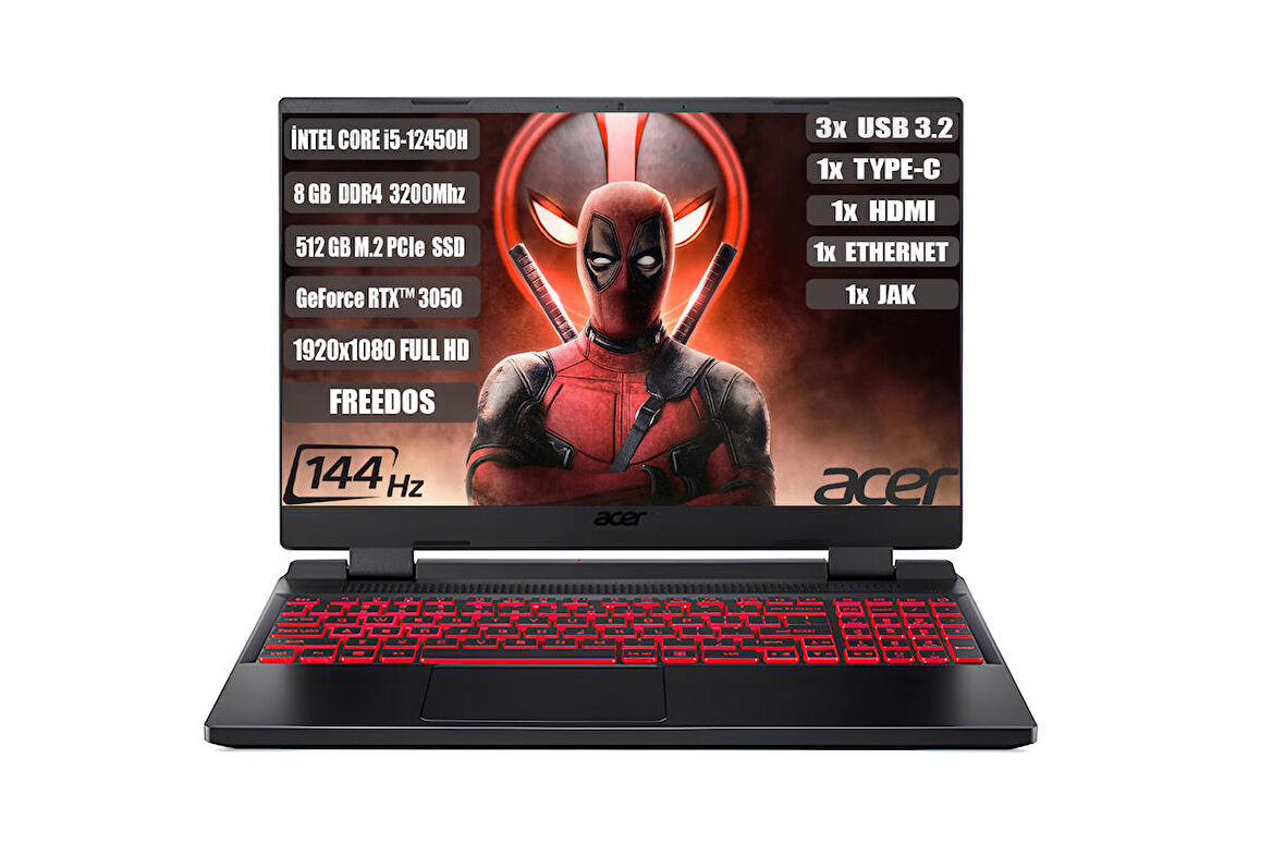 Acer Nitro 5 AN515-58-544K Intel I5-12450H 8GB 512GB SSD RTX3050 15.6" FHD IPS 144hz Freedos Taşınabilir Bilgisayar NH.QFJEY.007