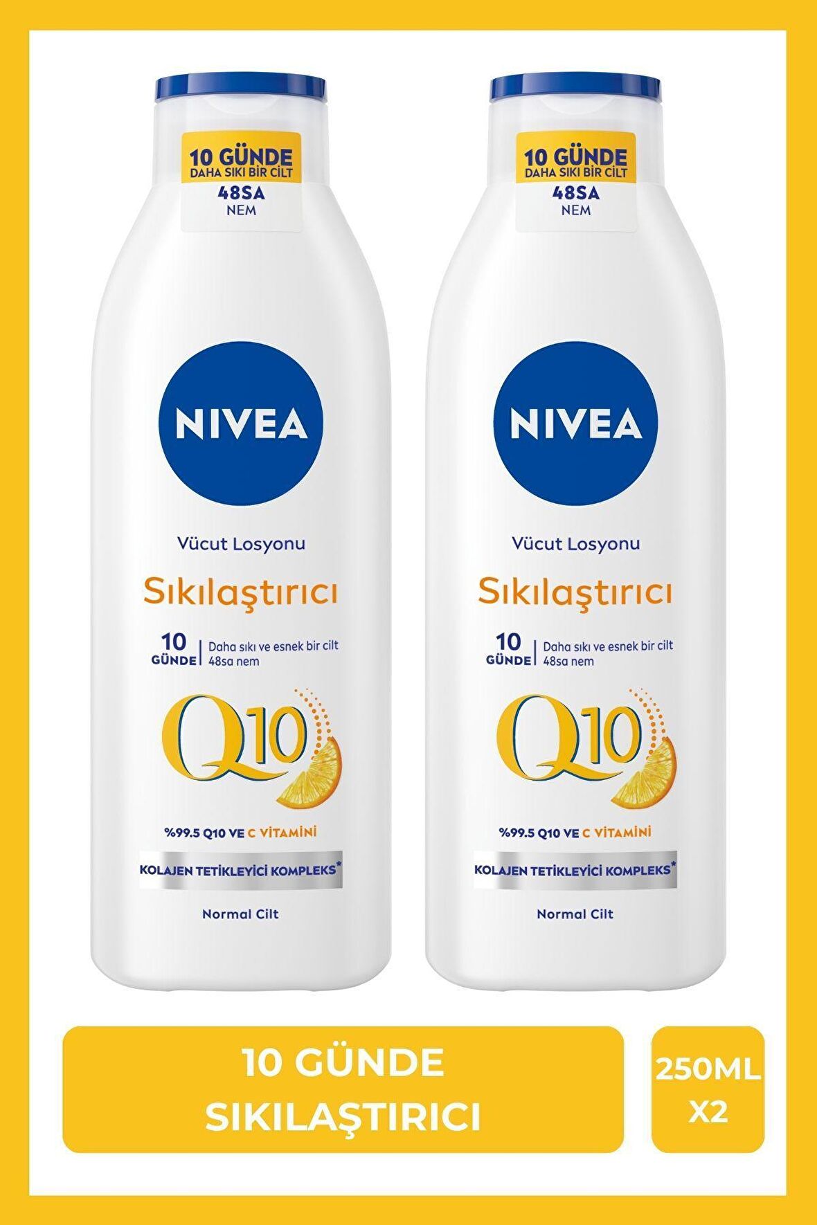 Nivea Q10 Sıkılaştırıcı Vücut Losyonu 250ml, C Vitamini, 48 Saat Nemlendirici, Esnek Cilt, X2 Adet