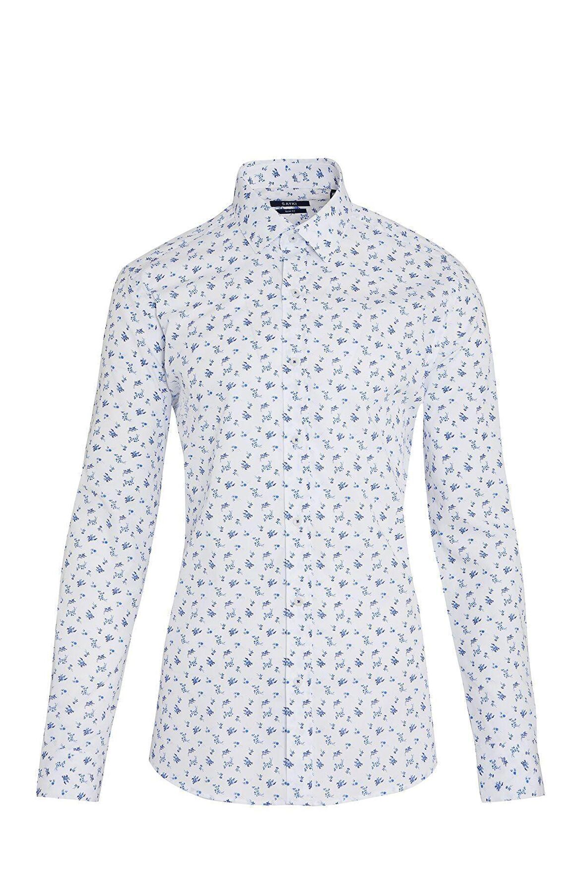 Beyaz Slim Fit Çiçek Desenli Gömlek | S