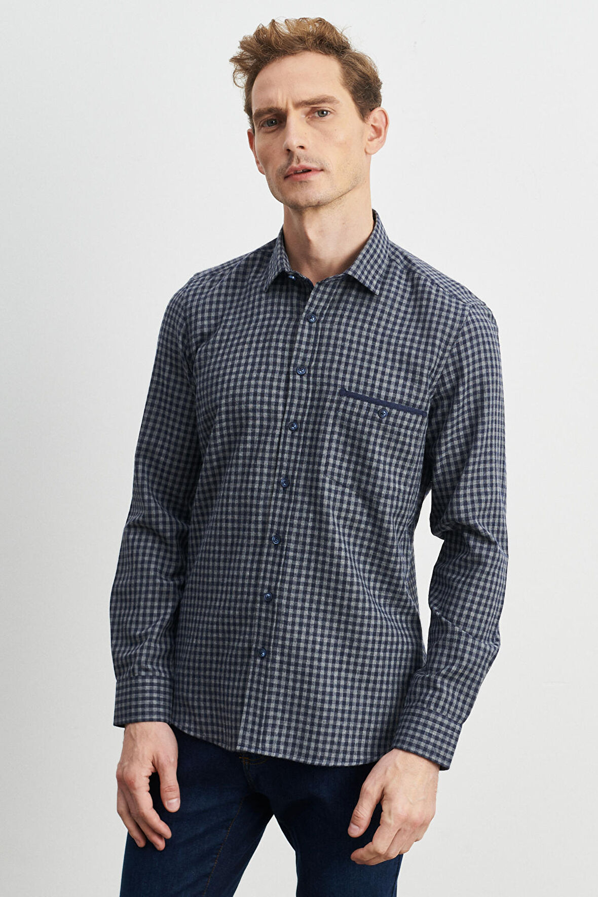 Erkek Lacivert-gri Slim Fit Düğmeli Yaka Pötikareli Flanel Oduncu Gömlek
