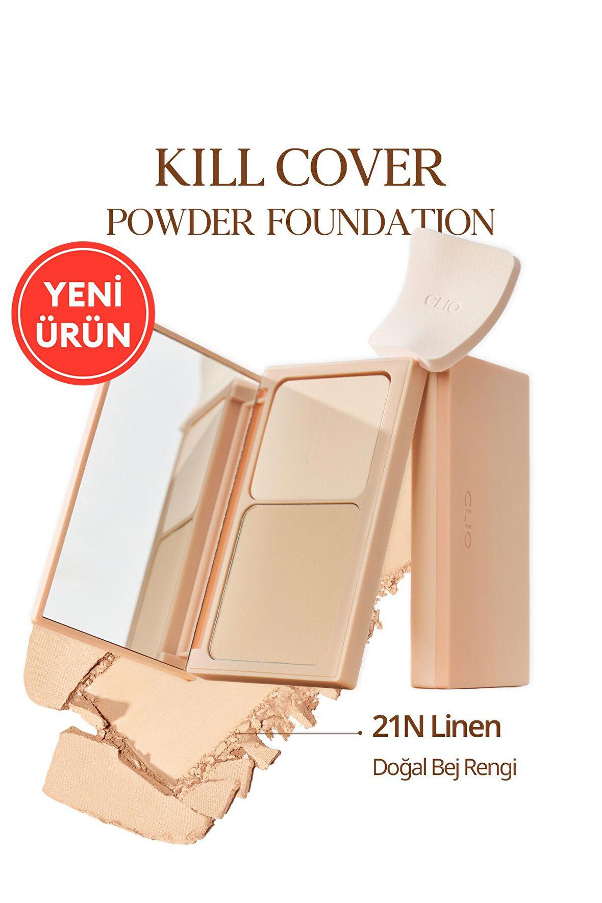 Hafif Yapılı, Pürüzsüz Mat Bitişli Pudra Fondöten CLIO Kill Cover Powder Foundation (21N Linen)
